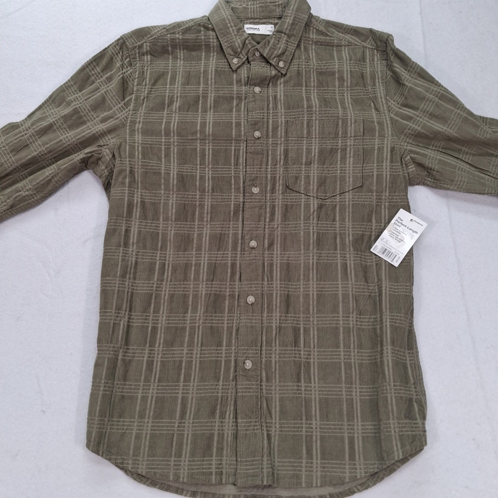 Sonoma Shirt Mens S Perfect-Length Olive Green Plaid Corduroy Button Down NEW